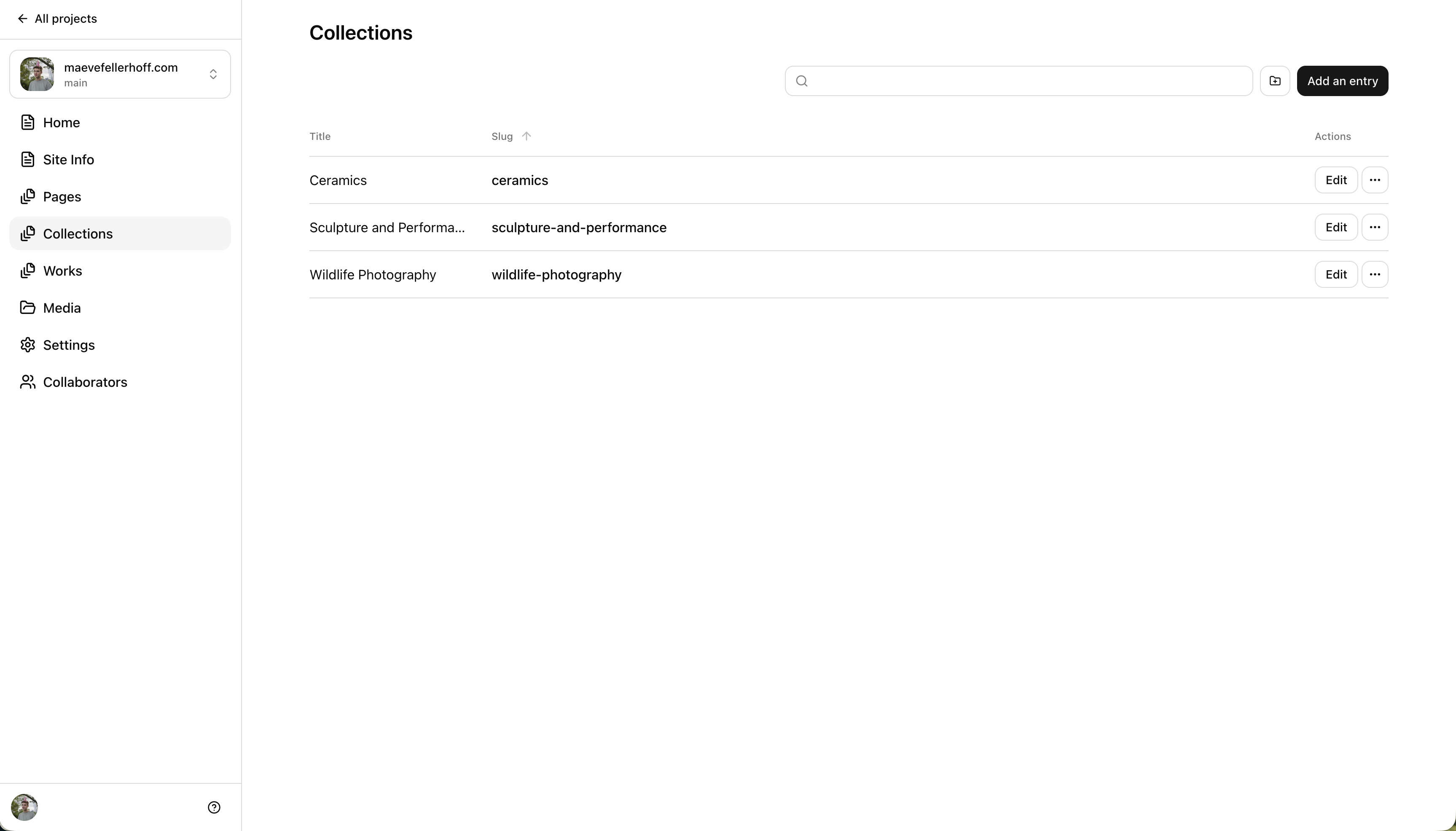 The PagesCMS editor, open to my sister's site