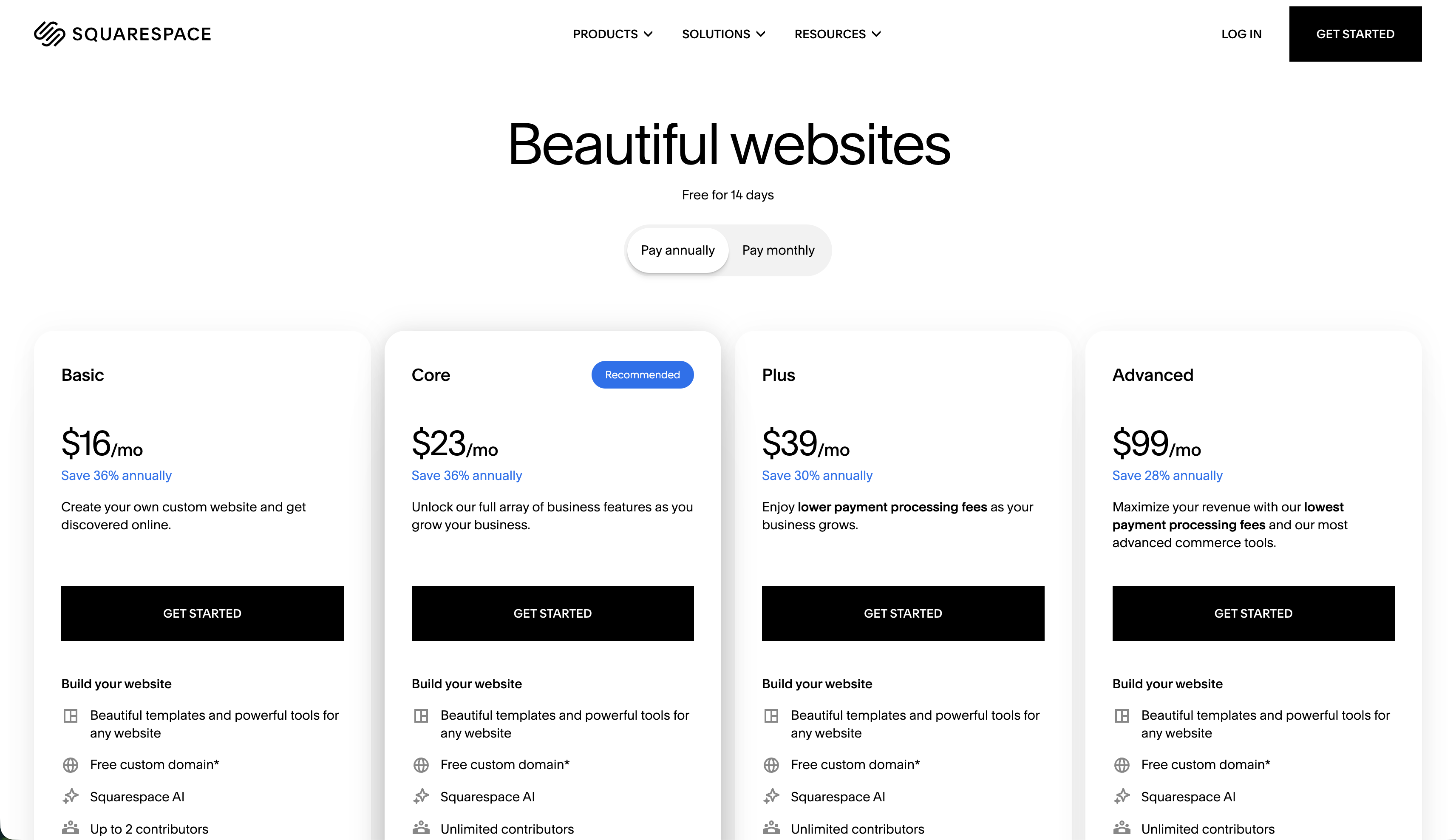 A screenshot of Squarespace's pricing page