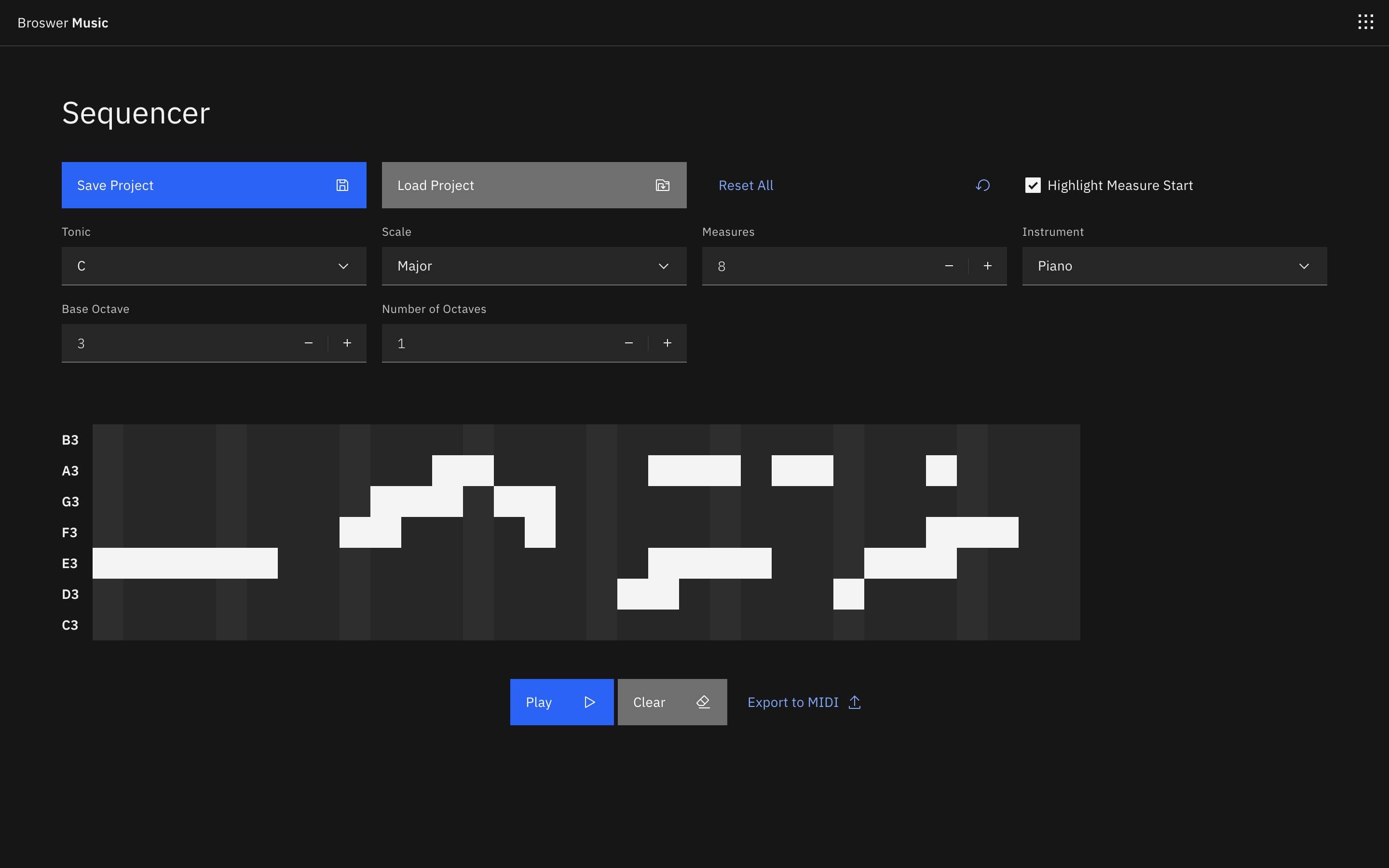 Screenshot of the browser music MIDI sequencer