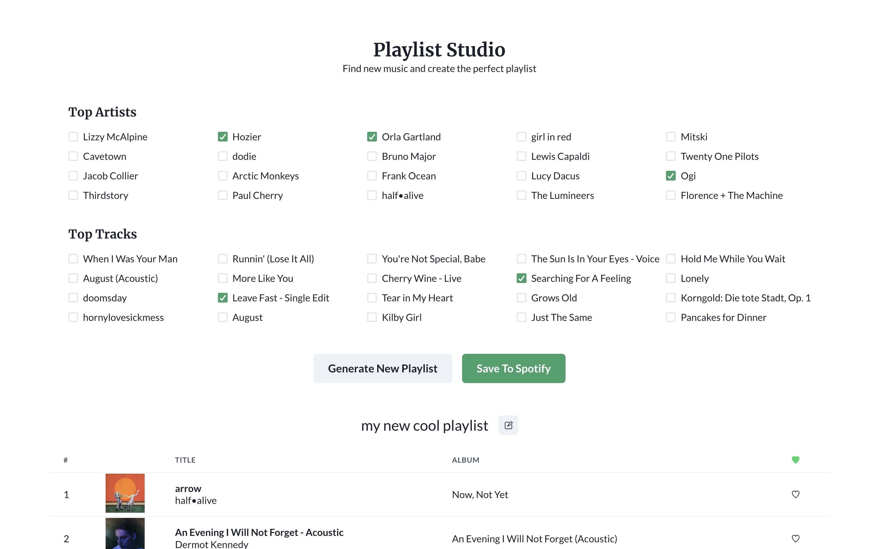 Screenshot of the Listen Together Studio playlist creation page
