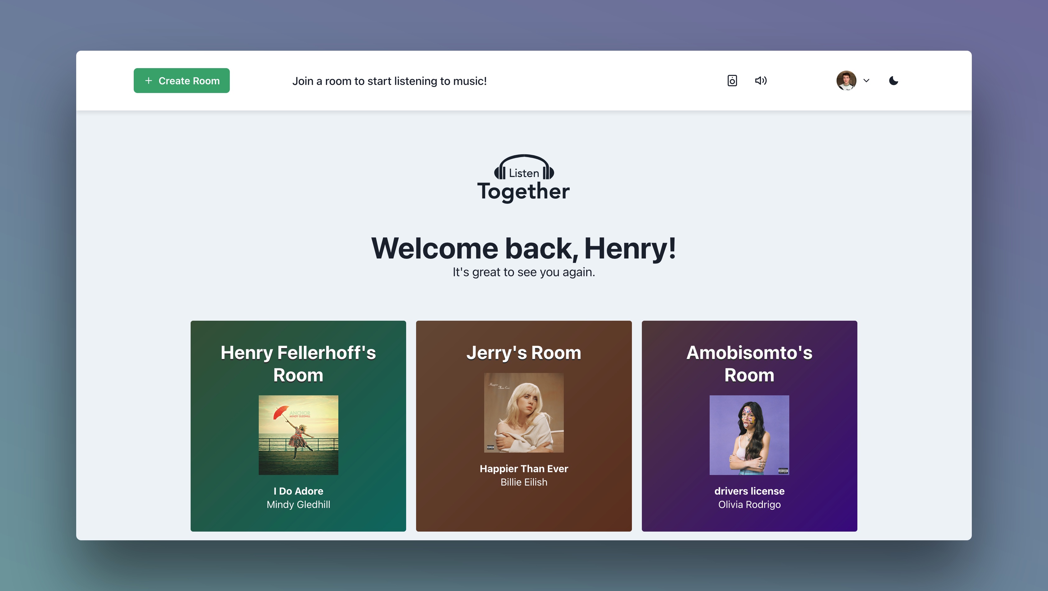 Screenshot of the Listen Together main dashboard